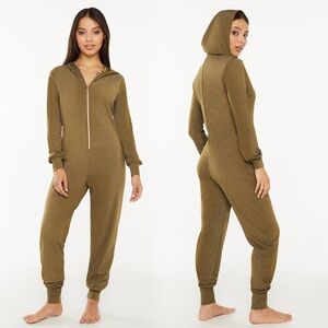 NWT Savage X Fenty Olive Gold Shimmer Hooded Jumpsuit Luxe Lounge Y2K Glam